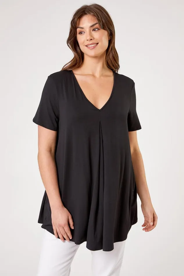 Women Black Curve Pleat Front Jersey Tunic Top Roman Tops
