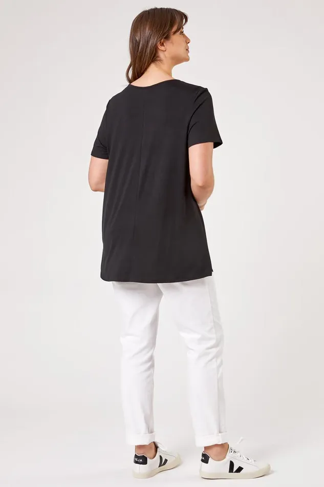 Women Black Curve Pleat Front Jersey Tunic Top Roman Tops