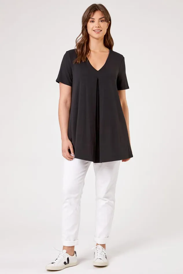 Women Black Curve Pleat Front Jersey Tunic Top Roman Tops