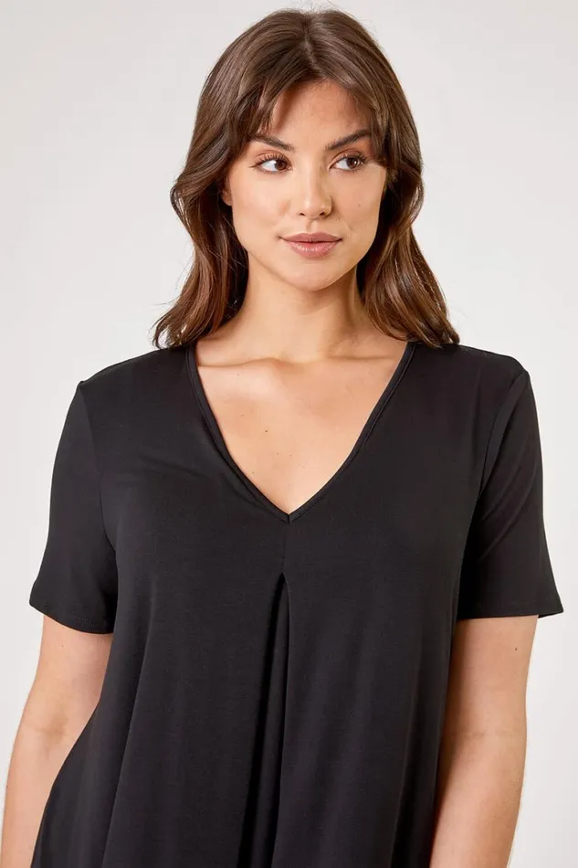 Women Black Curve Pleat Front Jersey Tunic Top Roman Tops