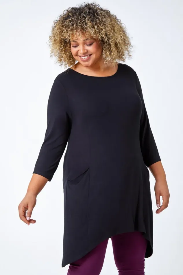 Women Black Curve Pocket Detail Stretch Tunic Top Roman Tops