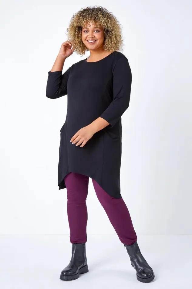 Women Black Curve Pocket Detail Stretch Tunic Top Roman Tops
