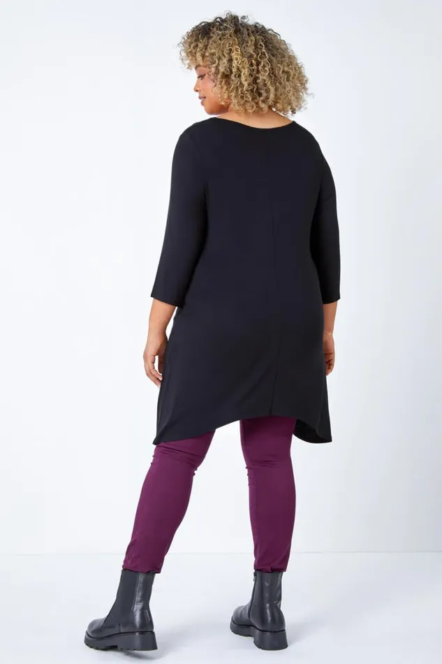 Women Black Curve Pocket Detail Stretch Tunic Top Roman Tops