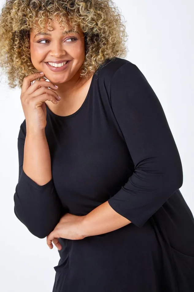 Women Black Curve Pocket Detail Stretch Tunic Top Roman Tops