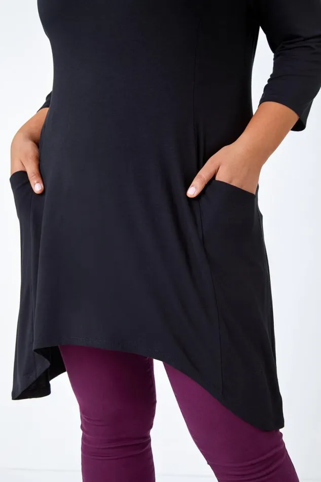 Women Black Curve Pocket Detail Stretch Tunic Top Roman Tops