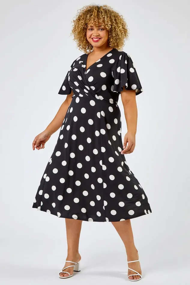 Women Black Curve Spot Print Midi Dress Roman Dresses