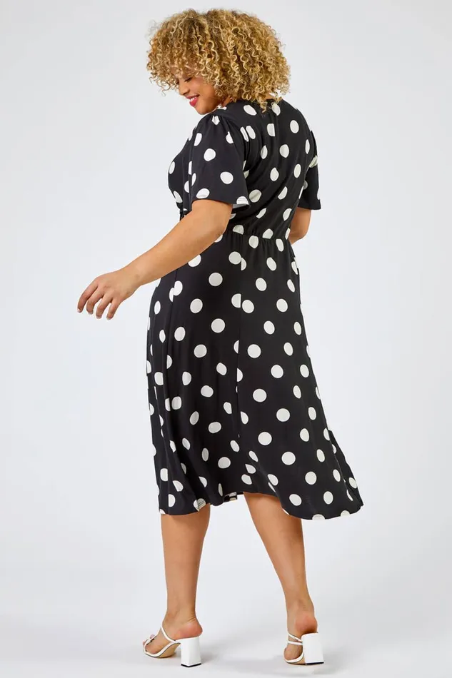 Women Black Curve Spot Print Midi Dress Roman Dresses