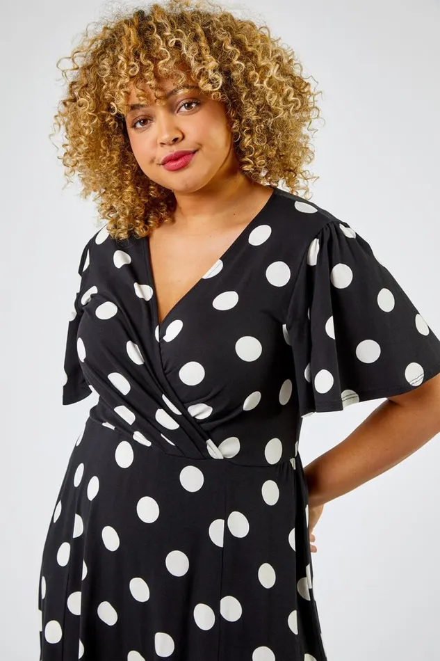 Women Black Curve Spot Print Midi Dress Roman Dresses