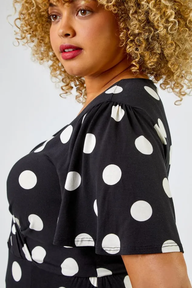Women Black Curve Spot Print Midi Dress Roman Dresses