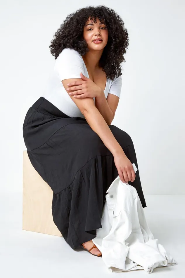 Women Black Curve Stretch Tiered Elastic Waist Maxi Skirt Roman Skirts