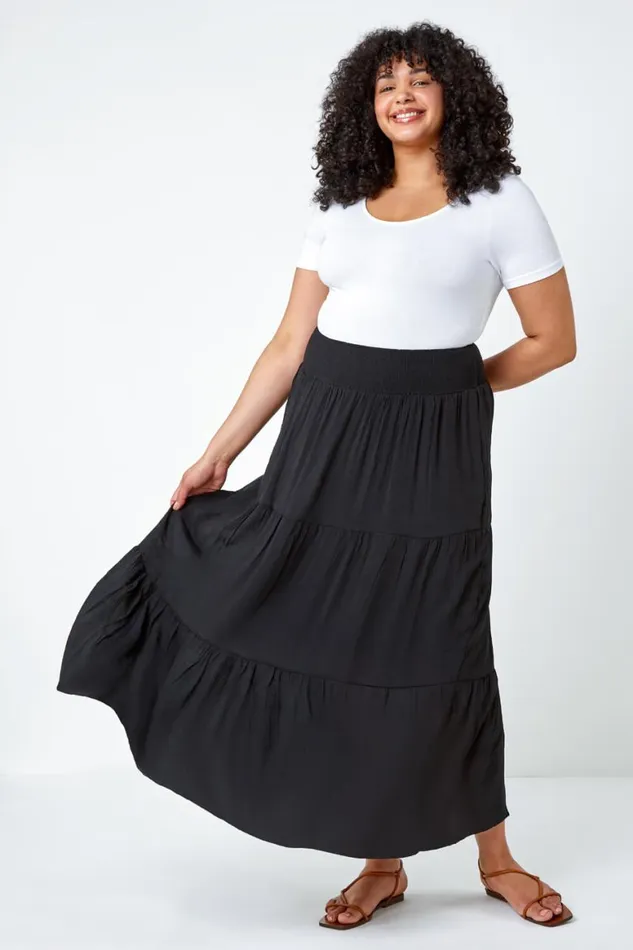 Women Black Curve Stretch Tiered Elastic Waist Maxi Skirt Roman Skirts