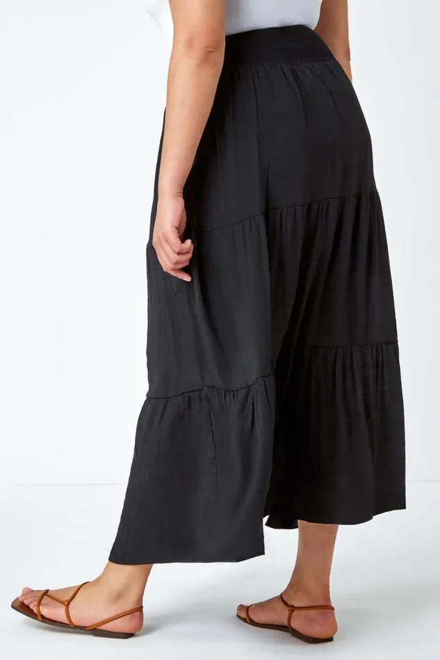 Women Black Curve Stretch Tiered Elastic Waist Maxi Skirt Roman Skirts