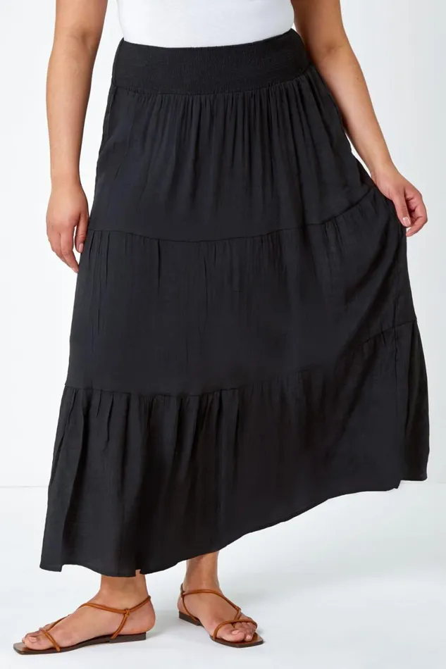 Women Black Curve Stretch Tiered Elastic Waist Maxi Skirt Roman Skirts