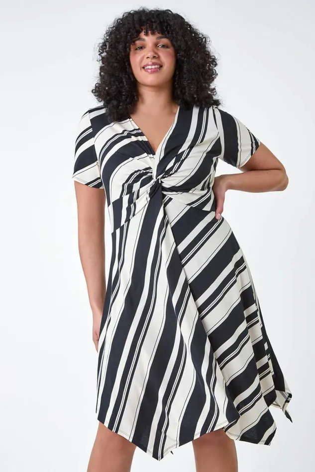 Women Black Curve Stripe Print Twist Front Dress Roman Dresses
