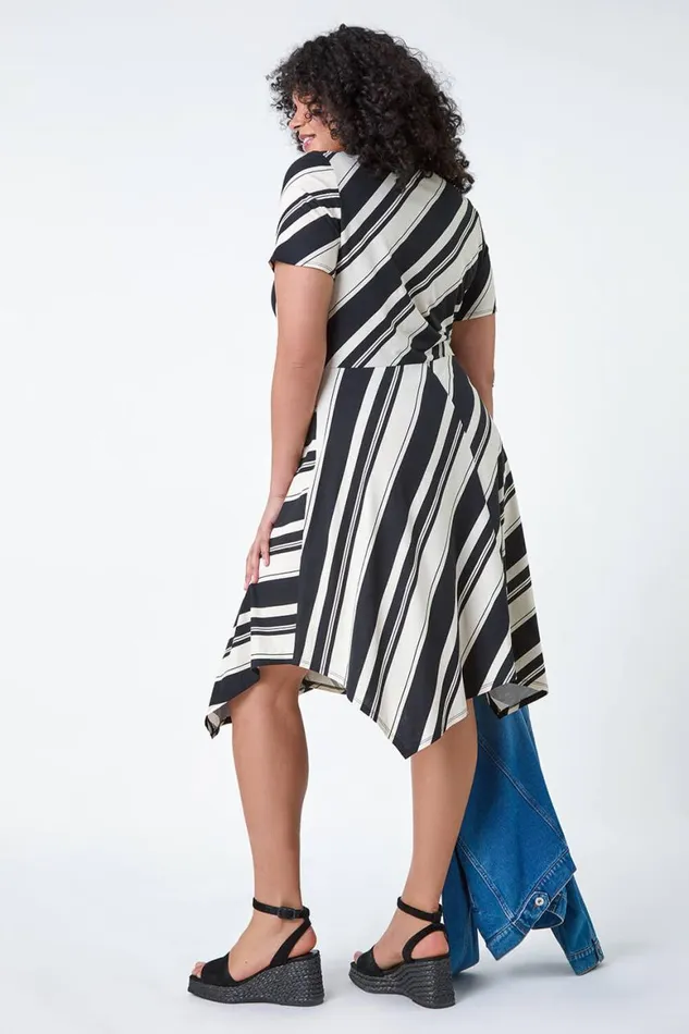 Women Black Curve Stripe Print Twist Front Dress Roman Dresses