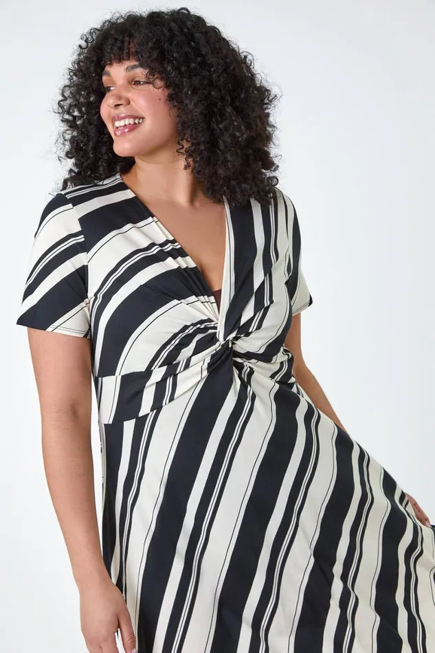 Women Black Curve Stripe Print Twist Front Dress Roman Dresses