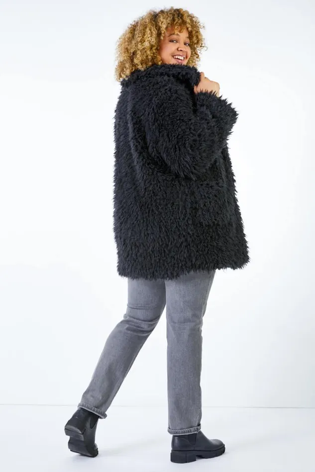 Women Black Curve Textured Faux Fur Coat Roman Coats