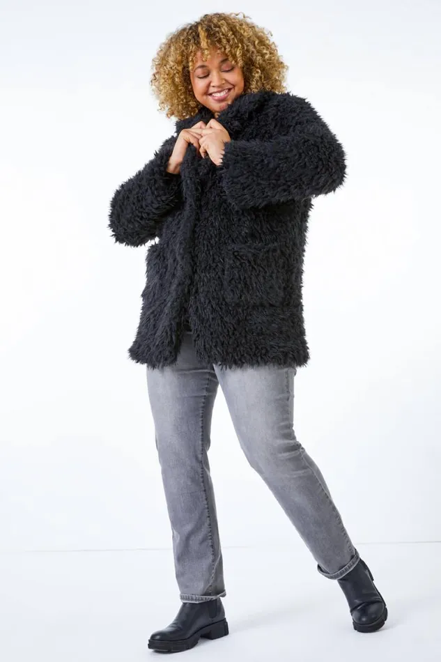 Women Black Curve Textured Faux Fur Coat Roman Coats