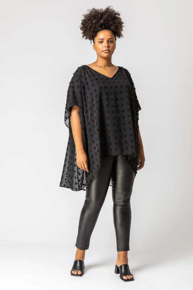Women Black Curve Textured Spot Chiffon Overlay Top Roman Tops
