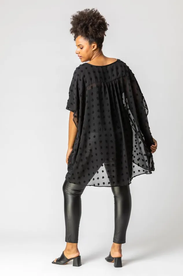 Women Black Curve Textured Spot Chiffon Overlay Top Roman Tops