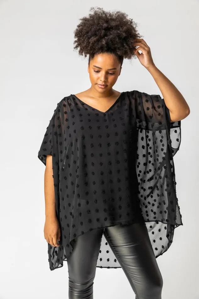 Women Black Curve Textured Spot Chiffon Overlay Top Roman Tops