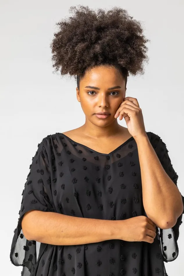 Women Black Curve Textured Spot Chiffon Overlay Top Roman Tops