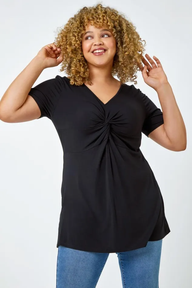 Women Black Curve Twist Front VNeck Stretch Top Roman Tops
