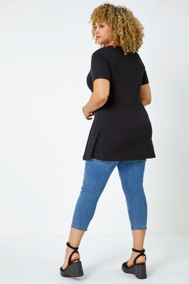 Women Black Curve Twist Front VNeck Stretch Top Roman Tops