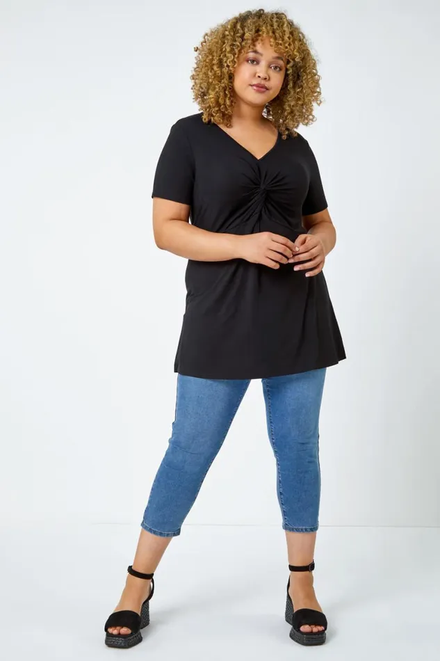 Women Black Curve Twist Front VNeck Stretch Top Roman Tops