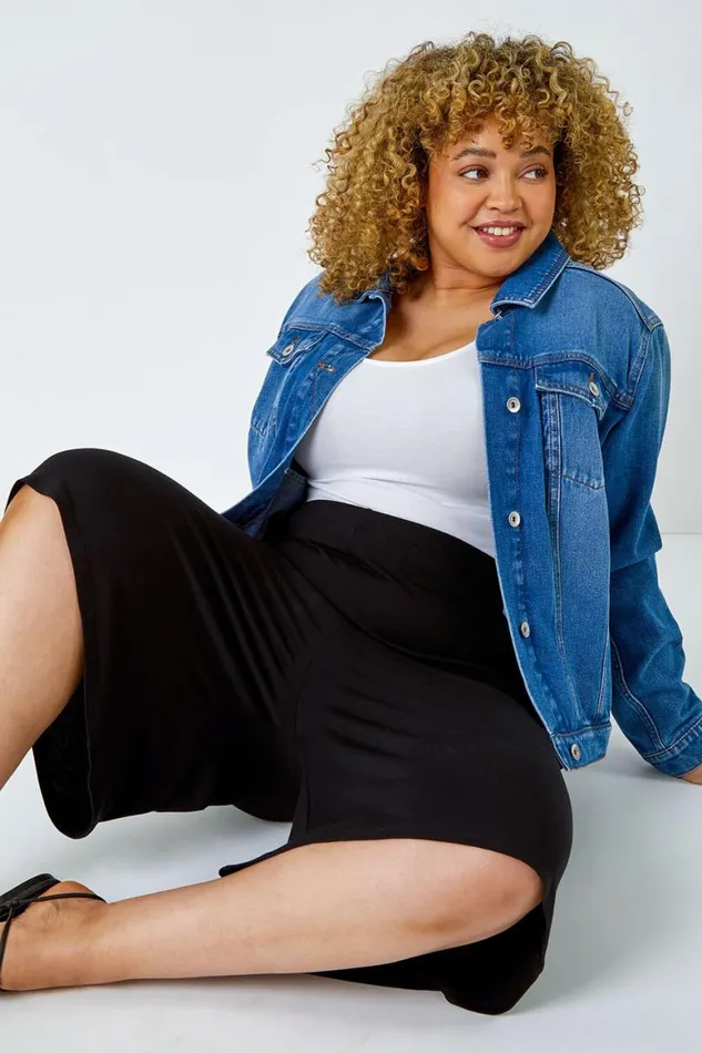 Women Black Curve Wide Leg Elastic Waist Stretch Shorts Roman Trousers