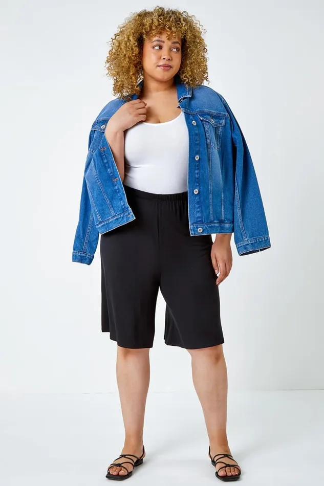 Women Black Curve Wide Leg Elastic Waist Stretch Shorts Roman Trousers