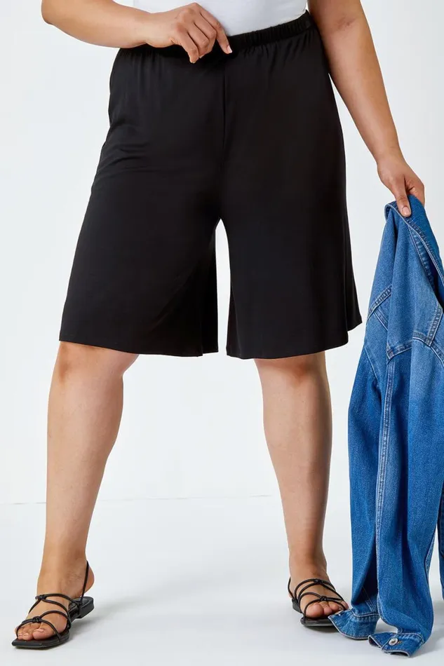 Women Black Curve Wide Leg Elastic Waist Stretch Shorts Roman Trousers