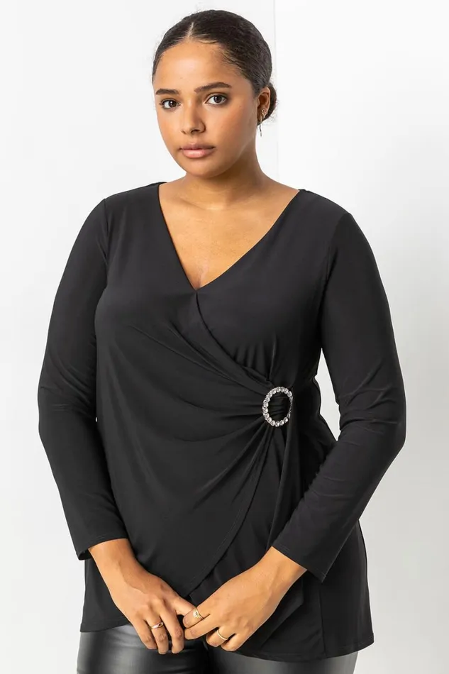 Women Black Curve Wrap Diamante Buckle Top Roman Tops