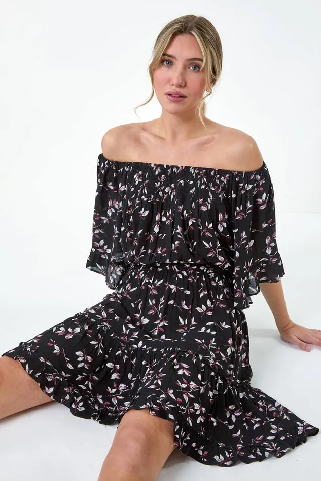 Women Black Ditsy Floral Bardot Pocket Dress Roman Dresses