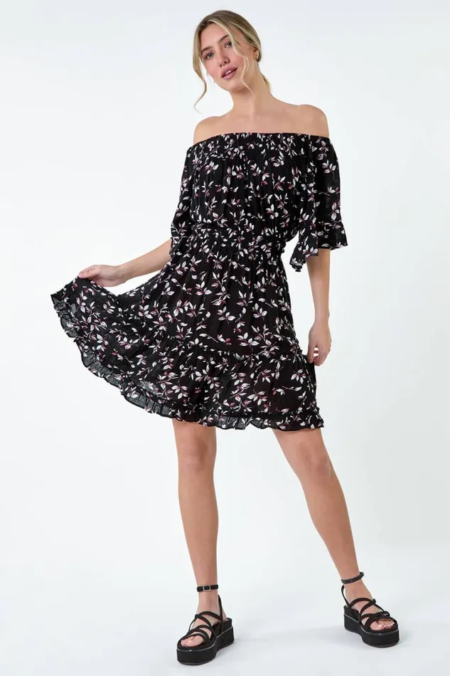 Women Black Ditsy Floral Bardot Pocket Dress Roman Dresses
