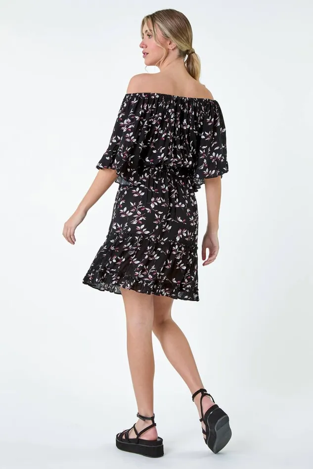 Women Black Ditsy Floral Bardot Pocket Dress Roman Dresses