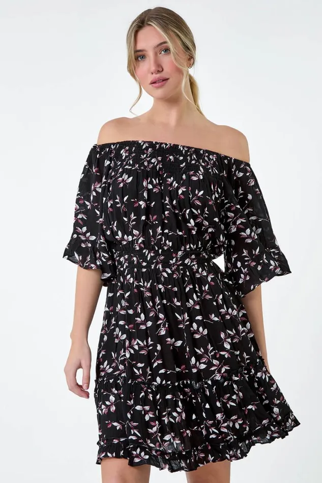 Women Black Ditsy Floral Bardot Pocket Dress Roman Dresses
