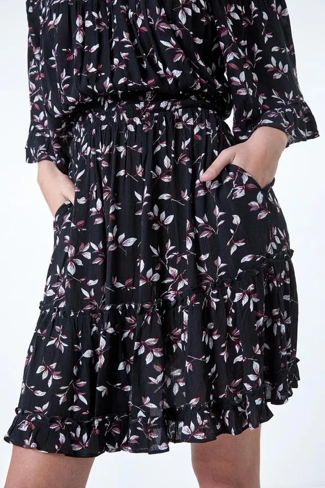 Women Black Ditsy Floral Bardot Pocket Dress Roman Dresses