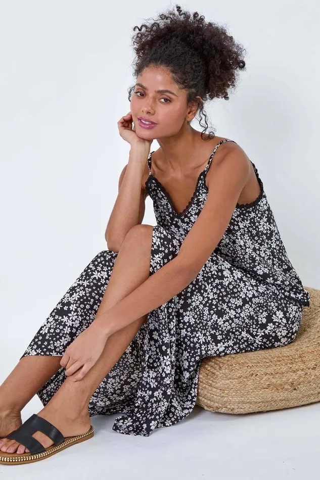 Women Black Ditsy Floral Button Detail A Line Midi Skirt Roman Skirts