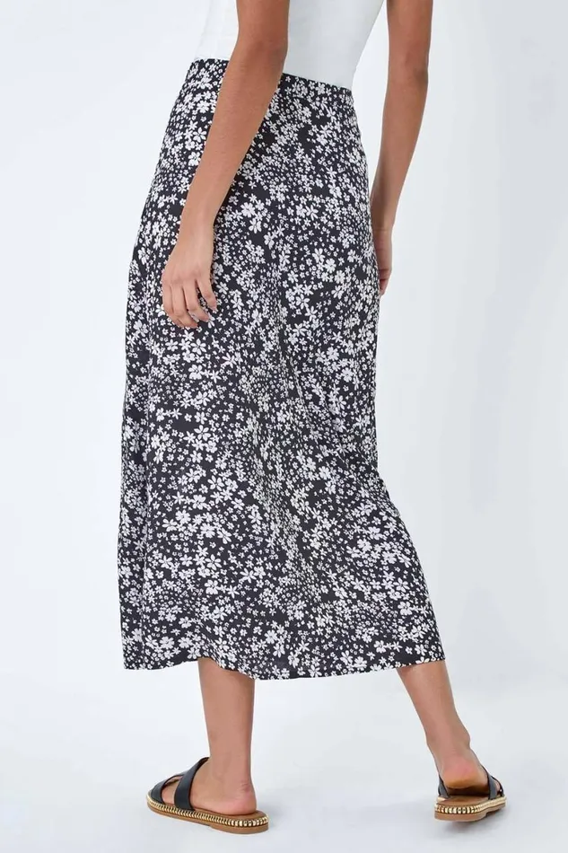 Women Black Ditsy Floral Button Detail A Line Midi Skirt Roman Skirts