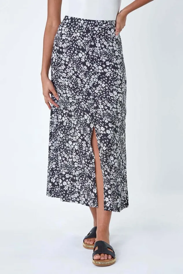 Women Black Ditsy Floral Button Detail A Line Midi Skirt Roman Skirts