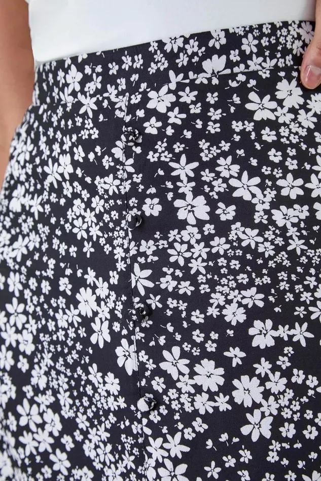 Women Black Ditsy Floral Button Detail A Line Midi Skirt Roman Skirts