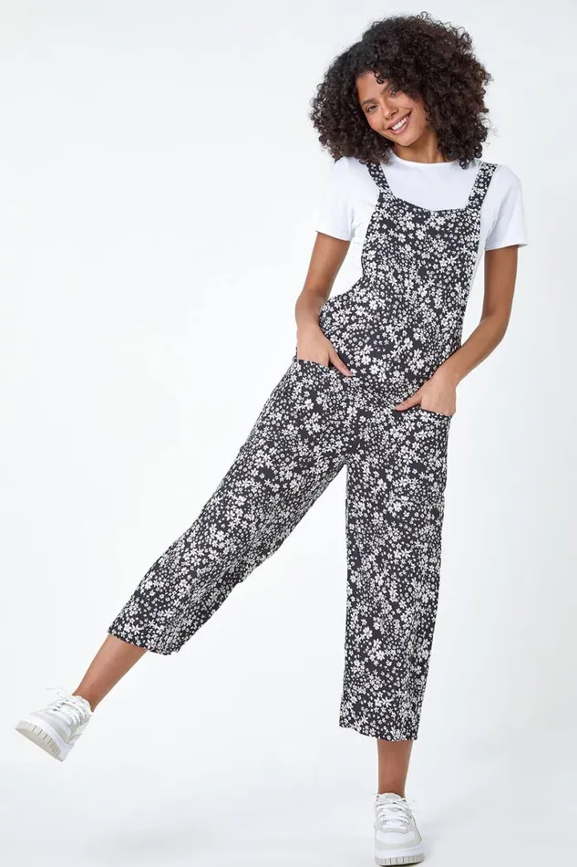 Women Black Ditsy Floral Pocket Jumpsuit Roman Dresses
