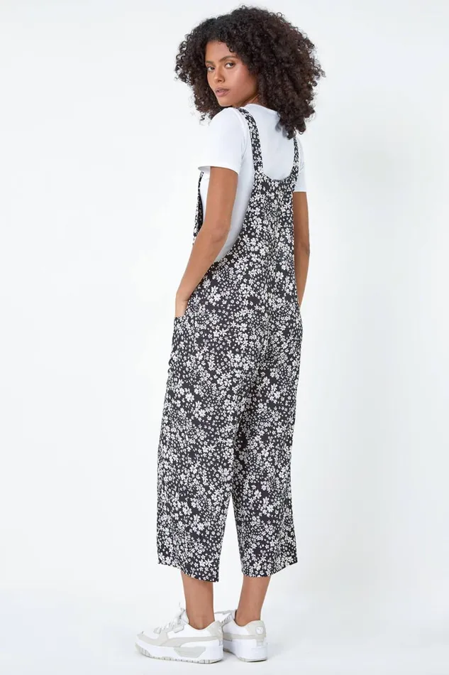 Women Black Ditsy Floral Pocket Jumpsuit Roman Dresses
