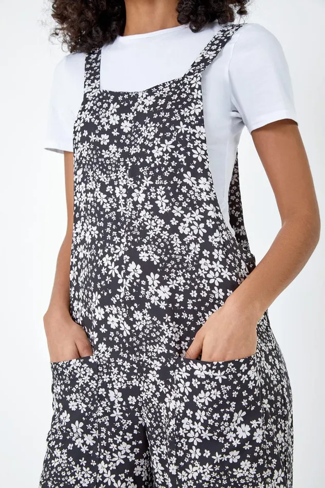 Women Black Ditsy Floral Pocket Jumpsuit Roman Dresses