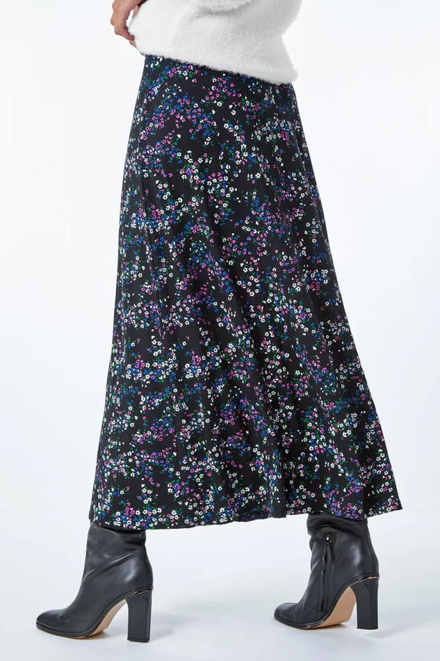 Women Black Ditsy Floral Stretch Elastic Waist Midi Skirt Roman Skirts
