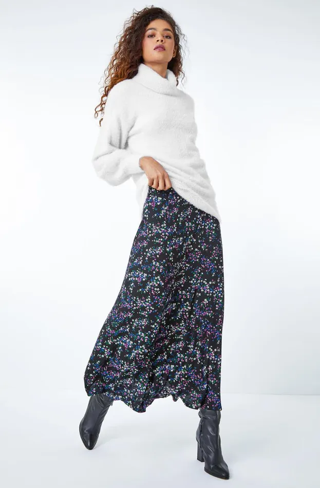 Women Black Ditsy Floral Stretch Elastic Waist Midi Skirt Roman Skirts