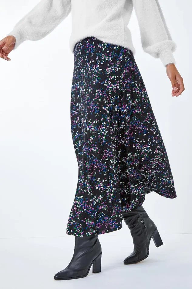 Women Black Ditsy Floral Stretch Elastic Waist Midi Skirt Roman Skirts