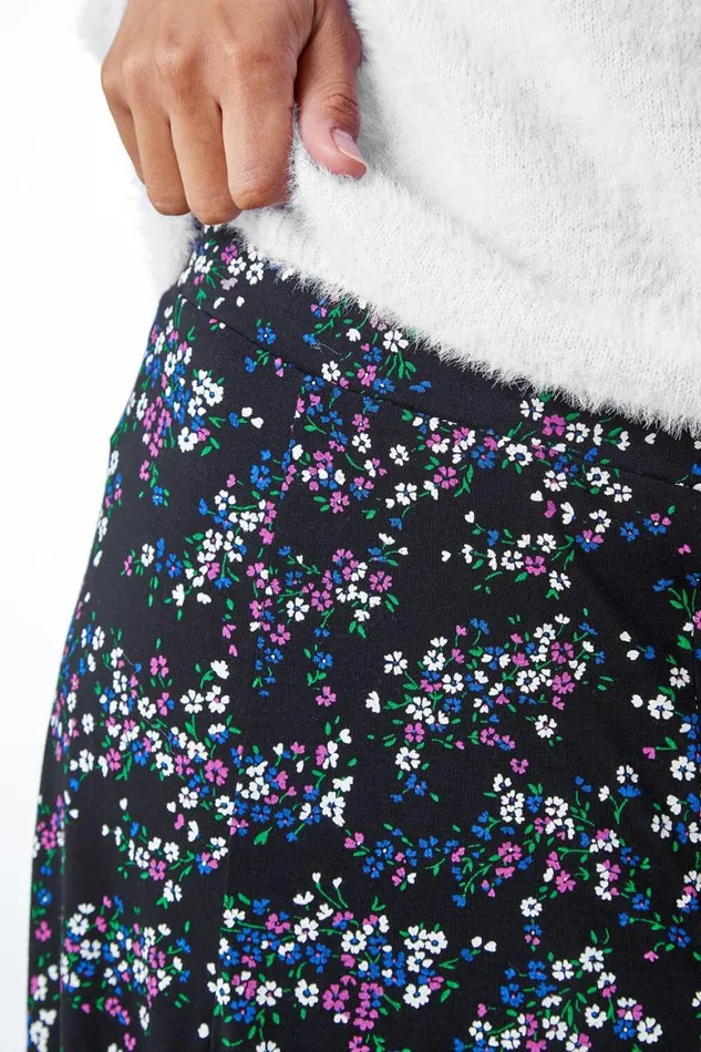 Women Black Ditsy Floral Stretch Elastic Waist Midi Skirt Roman Skirts