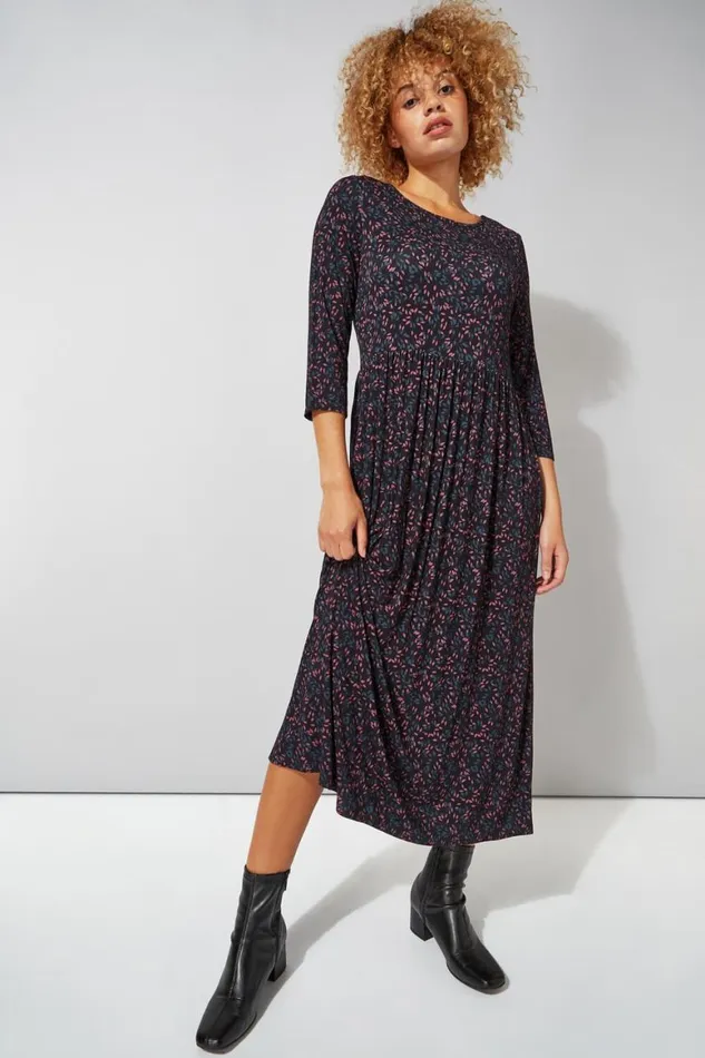Women Black Ditsy Print 34 Sleeve Midi Dress Roman Dresses